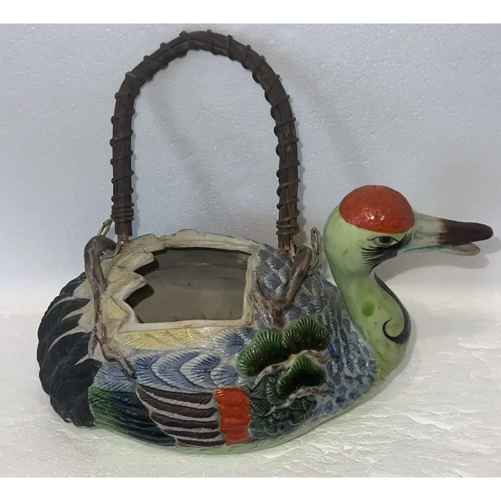 Collectible Hand Painted Banko Ware Duck Teapot, Wicker Bail Handle Japan